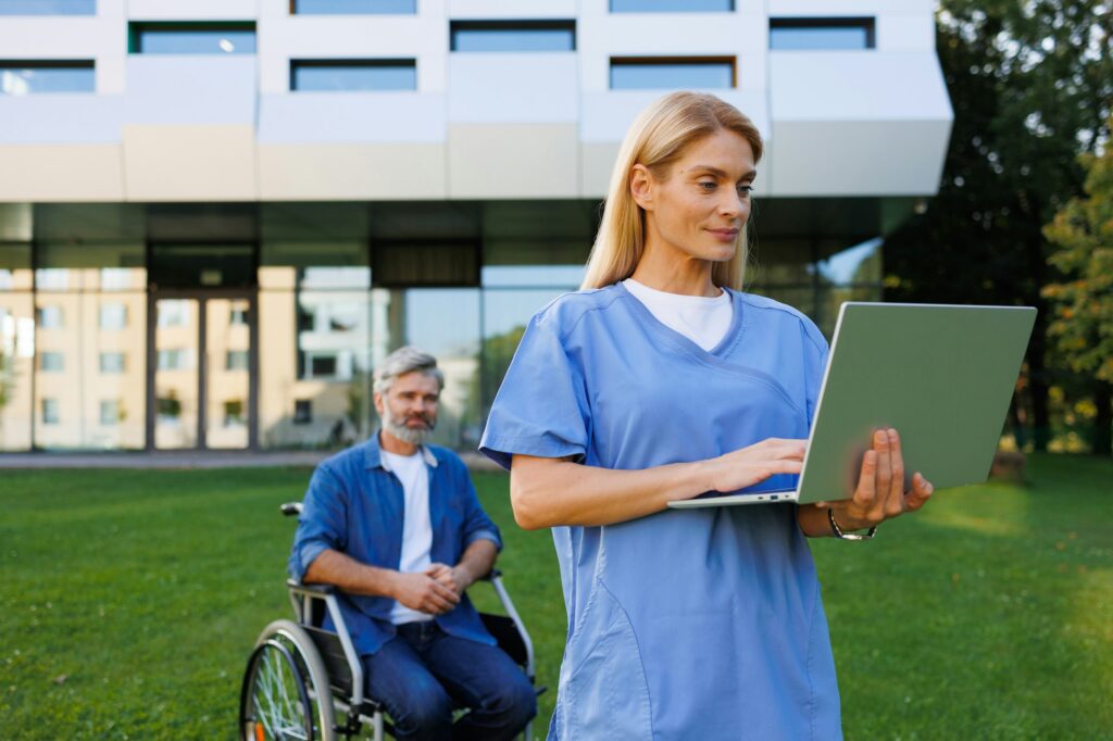 Technology-Enabled Healthcare: Nurse Assisting Wheelchair User Outdoors